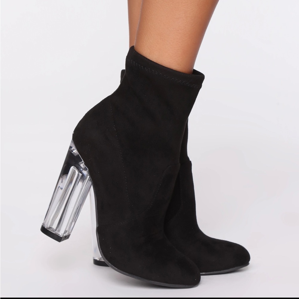 Clear heeled suede booties